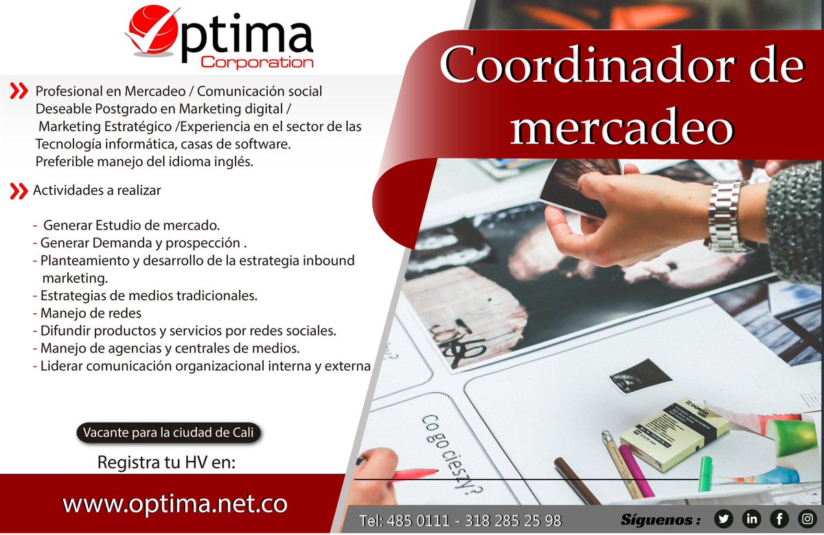 Optima_Co's tweet photo. ¿Quieres ser parte de nuestro equipo de trabajo?
Buscamos personas innovadoras, talentosas y con actitud Optima.
✅Contrato indefinido
✅Estabilidad laboral
✅Programa de capacitación
✅Bono semestral
Enviar hoja de vida al correo electrónico: seleccion@optima.net.co https://t.co/hwI9usFWs7