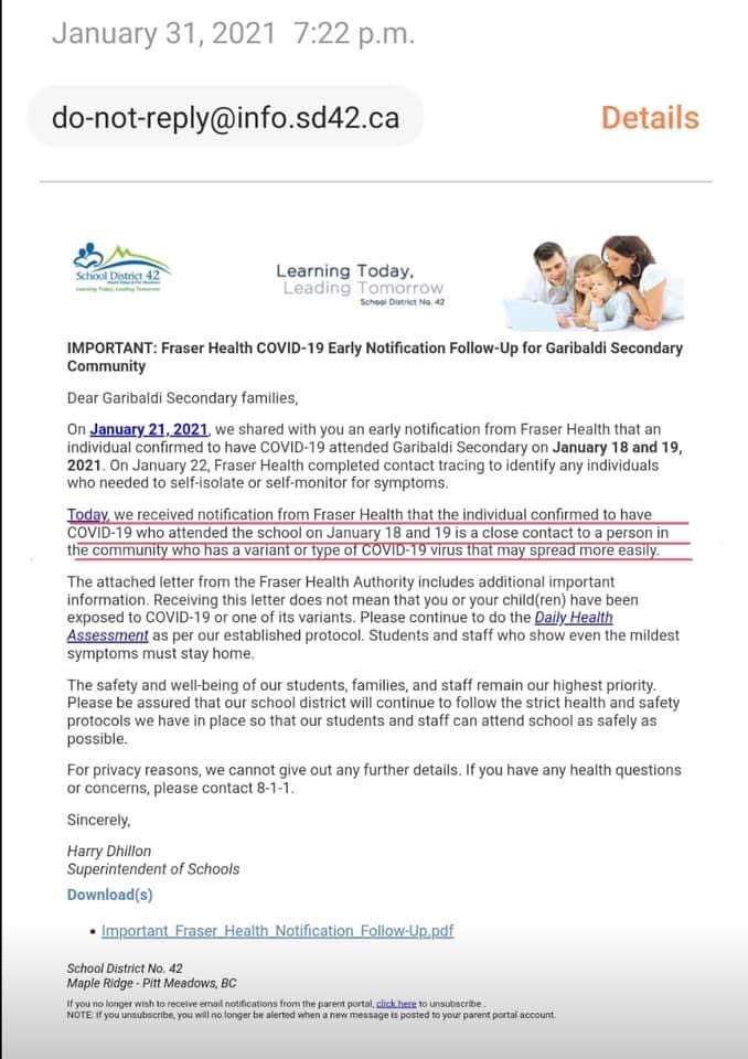 23/ Here is Fraser Health’s notification that students and staff may have been exposed to a variant at school.The South African variant makes the vaccine 6x less efficacious.  #bced staff & students need protections.