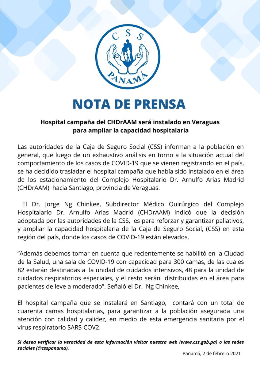Comunicado | Hospital campaña del Complejo Hospitalario "Dr. Arnulfo Arias Madrid" será instalado en Veraguas para ampliar la capacidad hospitalaria.