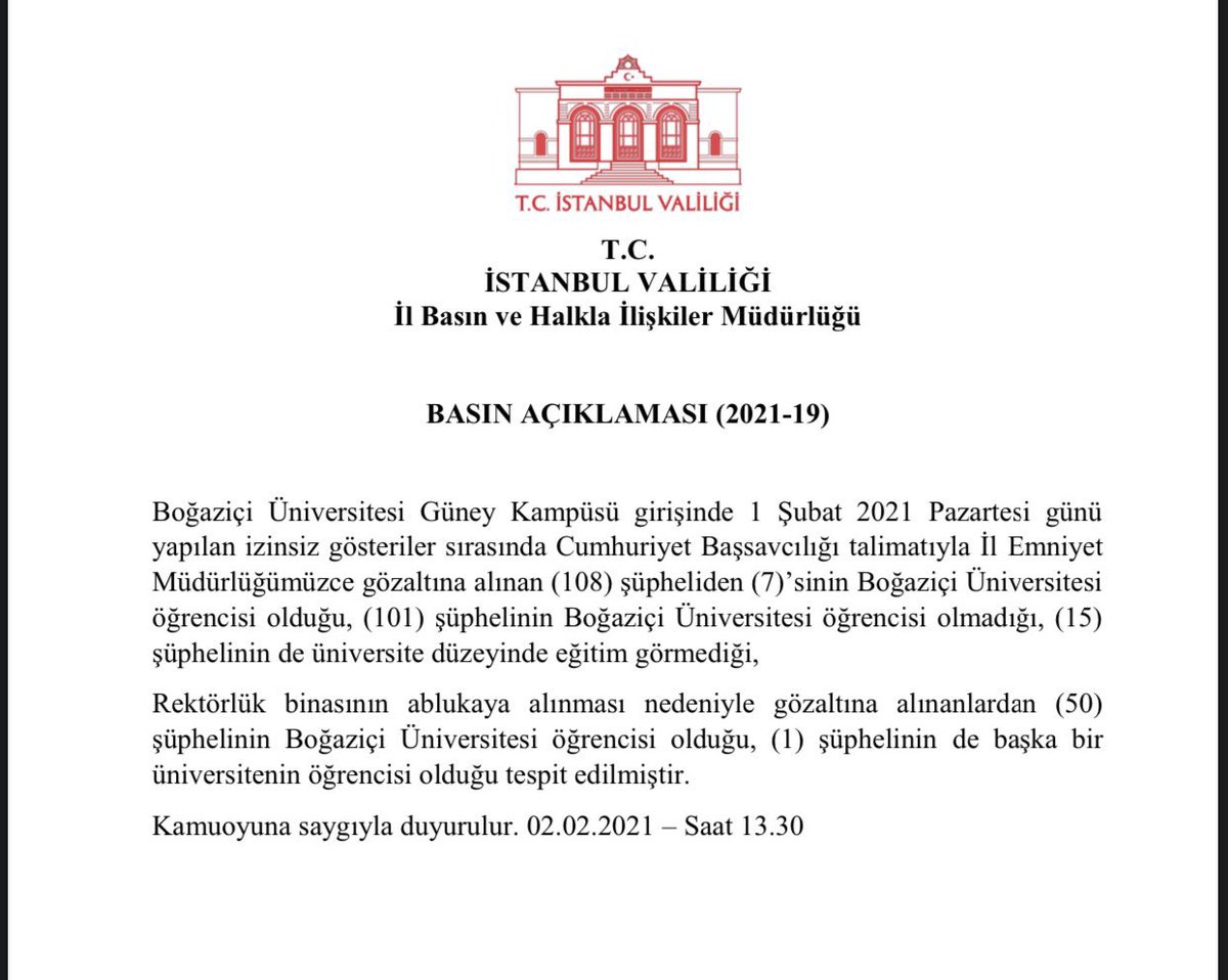 Feride_Kbdylr's tweet photo. Boğaziçi Üniversitesi operasyonlarda gözaltına alınan 108 kişiden 7'sinin öğrencisi olduğunu, 101 şüphenin Boğaziçi öğrencisi olmadığını, 15 öğrencinin ise üniversite düzeyinde eğitim görmediğini açıkladı.

#DevletiminYanındayım
#ProvokasyonaDurDe https://t.co/JJFYqhEnA3