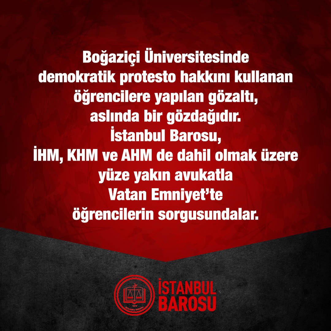 Boğaziçi Üniversitesinde demokratik protesto hakkını kullanan öğrencilere yapılan gözaltı, aslında bir gözdağıdır. İstanbul Barosu, İHM, KHM ve AHM de dahil olmak üzere yüze yakın avukatla Vatan Emniyet’te öğrencilerin sorgusundalar.