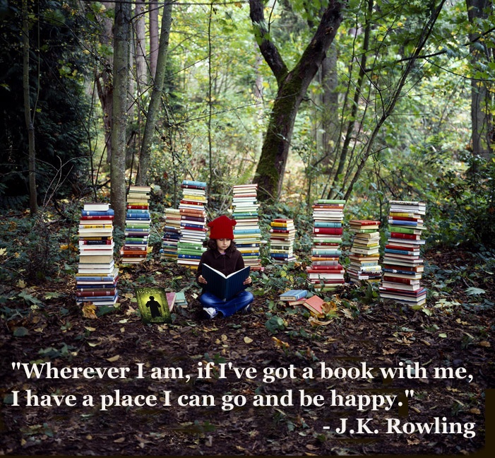 "Wherever I am, if I've got a book with me, I have a place I can go and be happy."
- J.K. Rowling

#amwriting #quotes #reading #books #libraries