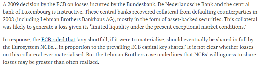 Unlike commercial banks, CBs cannot take offsetting measures or hedge against such losses.  @ecb has framework for how to offset losses but what happens with NCBs is less clear. In practice, losses may be shared as '09  @bundesbank  @DNB_NL Lux experience w/ Lehman losses shows 5/n