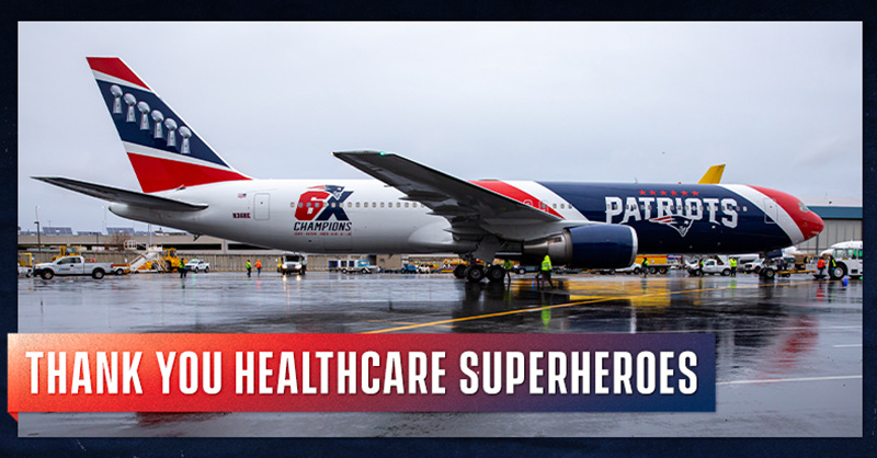 Patriots's tweet photo. A Patriotic mission, Part 2.

Patriots team plane will transport 76 vaccinated healthcare workers to Super Bowl LV: https://t.co/M10kbT1Tg3