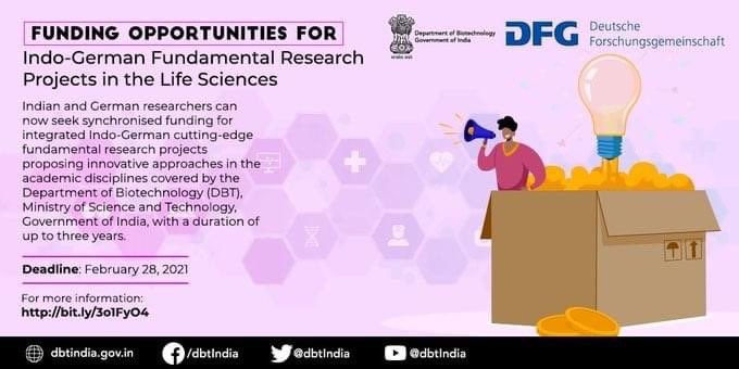 BiharFraternity's tweet photo. Funding Opportunities for Indo-German Fundamental Research Projects in the #LifeSciences.
Deadline: Feb 28, 2021
For more information: https://t.co/1sKxWd6rai
#indogerman #biotechnology #biotechbuzz #biharfraternity #researchfellowship #researchwork #lifesciencejobs https://t.co/zR4Gl8XXAt