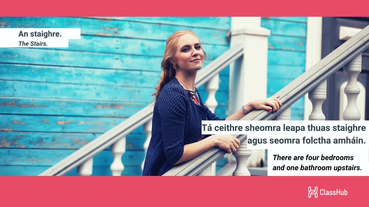 ClassHubapp's tweet image. Gaeilge Word Of The Day

An staighre ➡️  The stairs
There are four bedrooms and one bathroom upstairs.
Tá ceithre sheomra leapa thuas staighre agus seomra folctha amháin.

Create a sentence with this #gaeilge word.

Share with us your answer in the comments below.

#classhub
