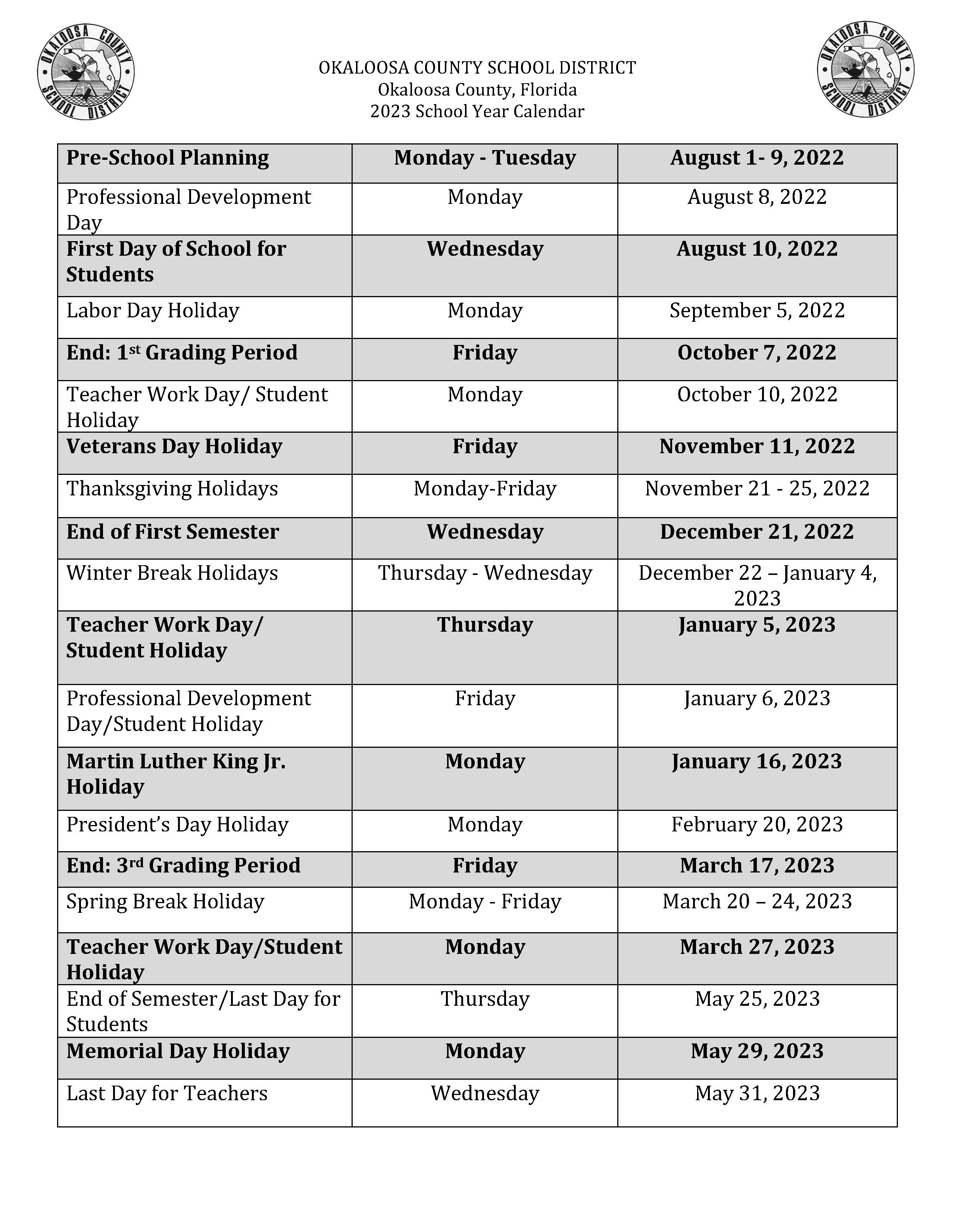 Okaloosa County School Calendar 2020 2023 Get Calendar 2023 Update