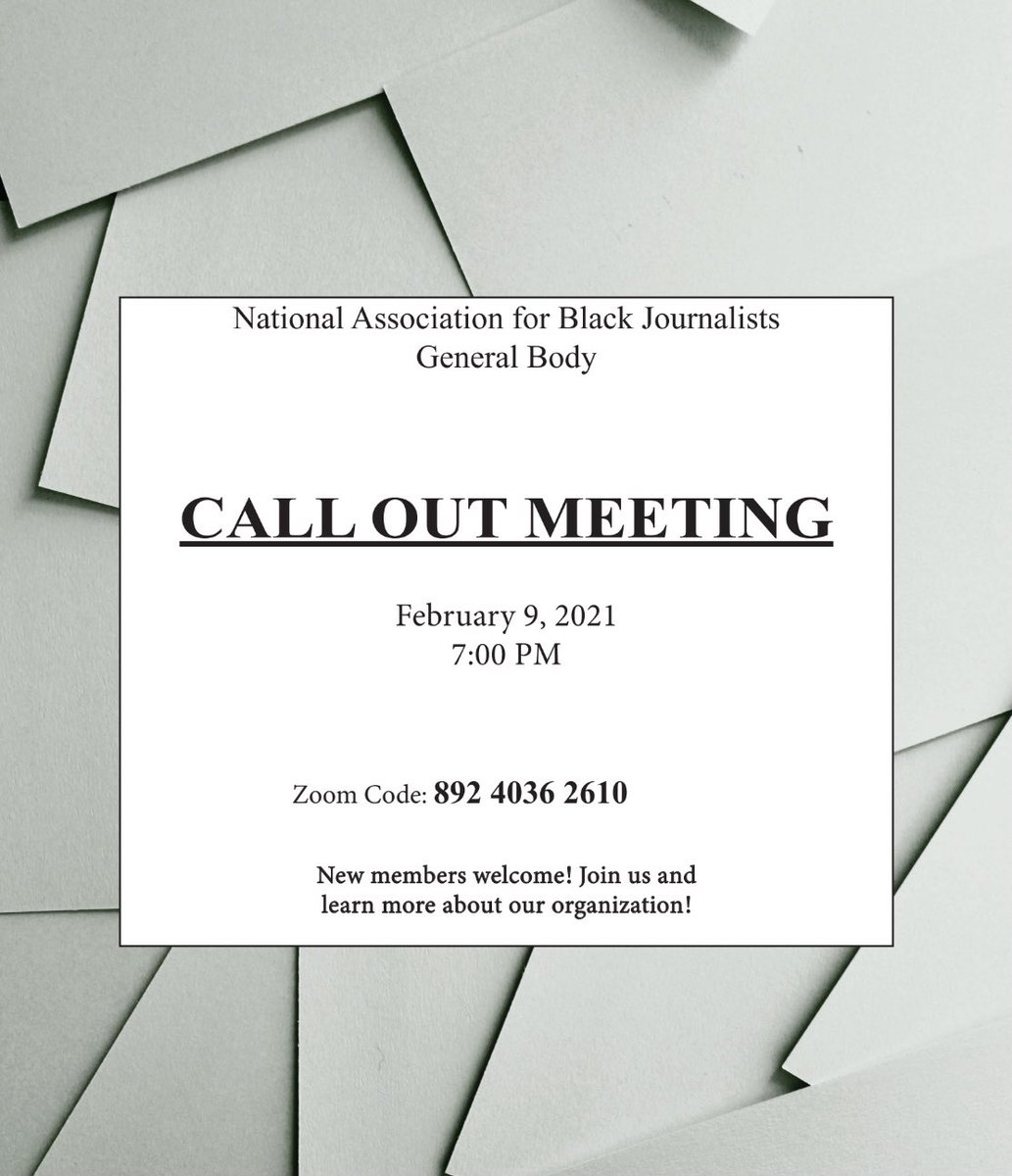 NABJ will be hosting a Call Out Meeting next Tuesday, February 9th. <a href="/7pm/">Huong Le</a>. ✍🏽

We are looking to recruit new members, and you do not have to be a Media School student to join! 

Come join us and learn more about our organization and what we have to offer! 
See you there!