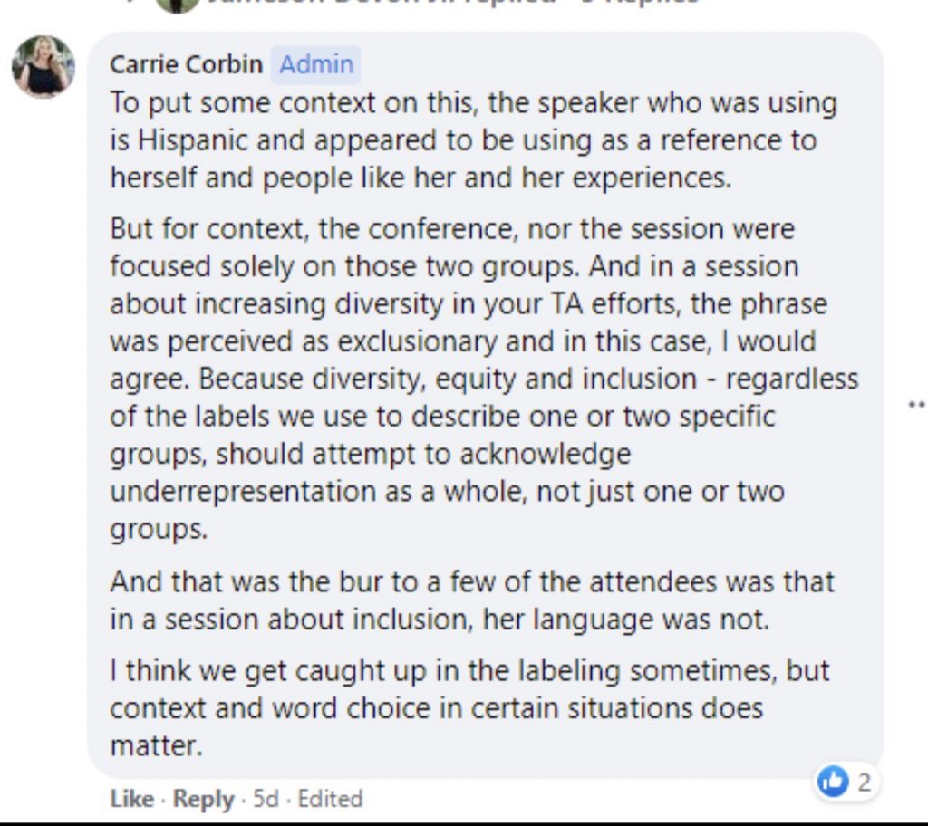 Hey  @TheCarrieCorbin care to explain how MY session wasn’t geared toward “these two groups” when I led with an image of the peaceful protests in PDX inspired by George Floyd??Also please do not call me Hispanic. In fact, take my name outta your mouth completely.  #TAweek