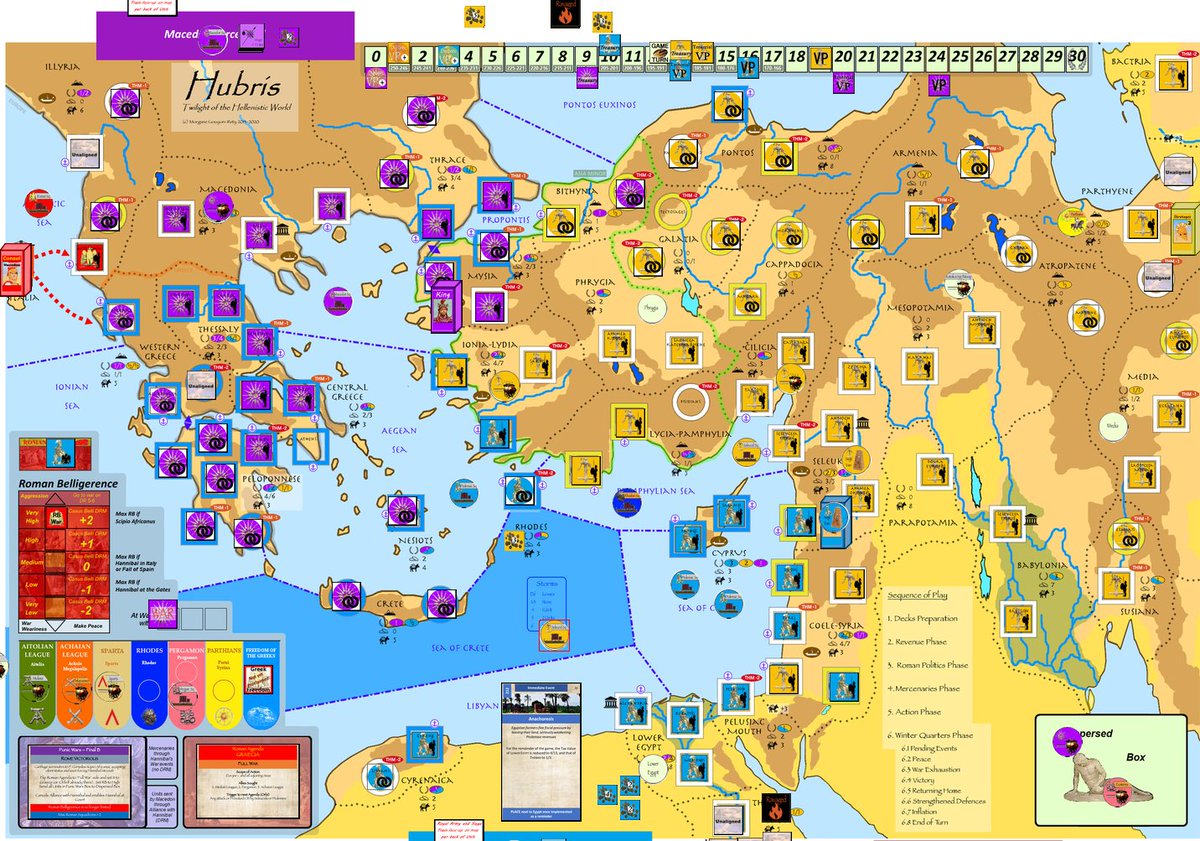 davidyllanes's tweet photo. Playtesting of @MorganeGR25's "Hubris" continues. Untimely deaths at court have left me with a Chief Minister without administration skills but otherwise I'm doing very well as Macedon. Greece is uncharacteristically quiet and Philip has established a foothold in Asia Minor. https://t.co/QiIVa39Ib6
