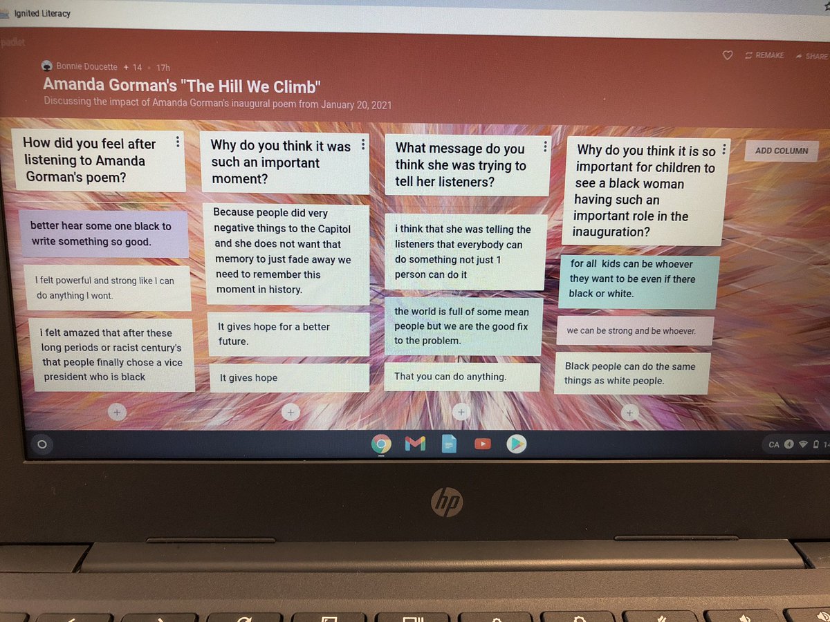 My grade 4’s unpacking the @TheAmandaGorman inaugural poem today, how it made them feel, and its impact, even across the border in 🇨🇦 @PeelSchools @padlet #onted #BlackHistoryMonth #thehillweclimb