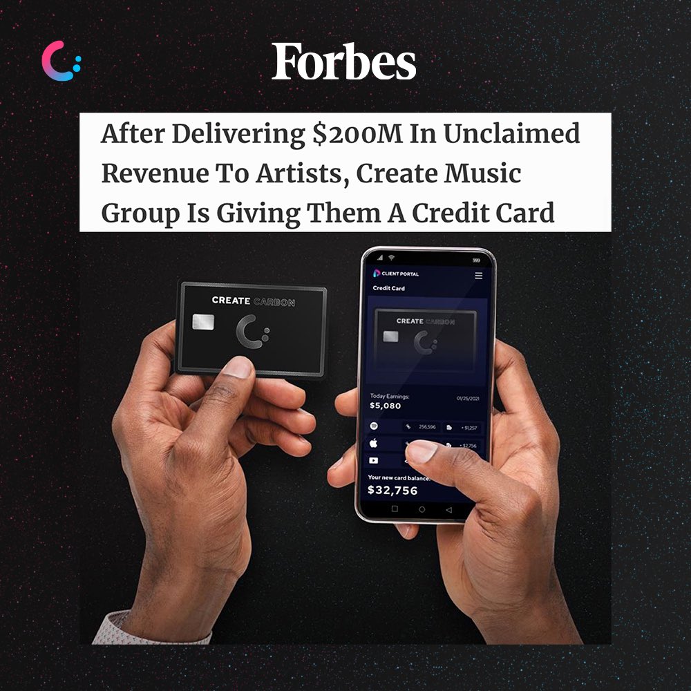 create_carbon's tweet photo. The Create Carbon Card featured on Forbes

“Create Music Group is introducing a credit card that enables them to access those royalties as soon as they’re earned.” - Olson, Forbes

https://t.co/fX45KiyxdS https://t.co/wzLGneHMl3