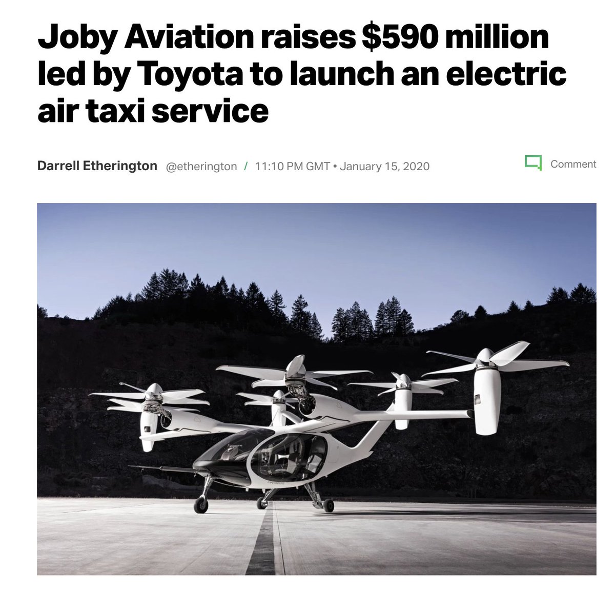 There's serious money on the line here too. Joby Aviation recently raised over *half a billion dollars* for their electric eVTOL, in a funding round led by Toyota: https://techcrunch.com/2020/01/15/joby-aviation-raises-590-million-led-by-toyota-to-launch-an-electric-air-taxi-service/
