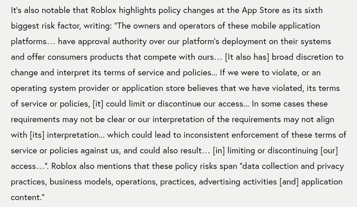 This piece from Roblox's S-1 is particularly interesting (IMAGE ONE), and contrasts well with who can and cannot / wants to and does actually contest Apple (IMAGE TWO)