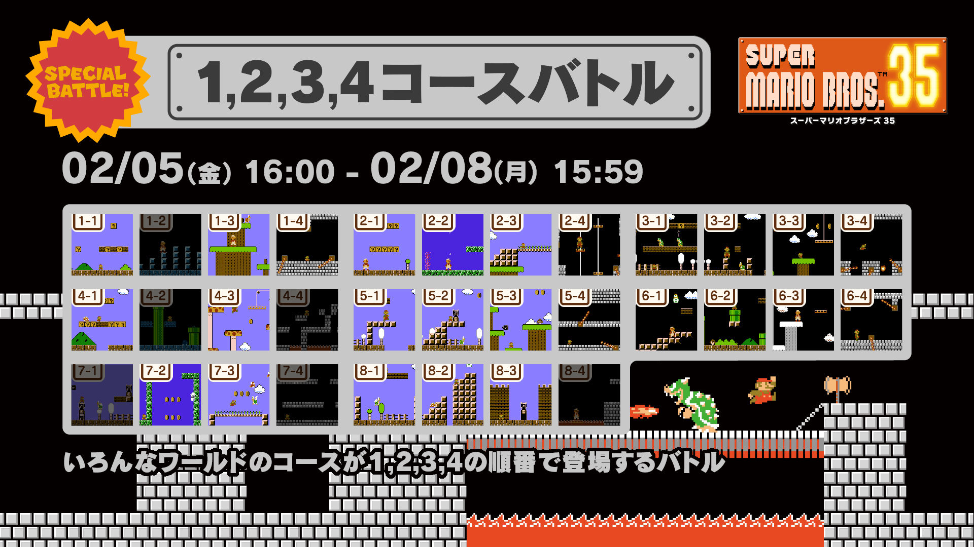 スーパーマリオブラザーズ35周年 マリオ35 Spバトル 2 5 2 8 次回の スペシャルバトル は いろいろなワールドのコースが1 2 3 4の順番で登場する 1 2 3 4コースバトル です ワープや迷路があるコース など 一部のコースが含まれないので