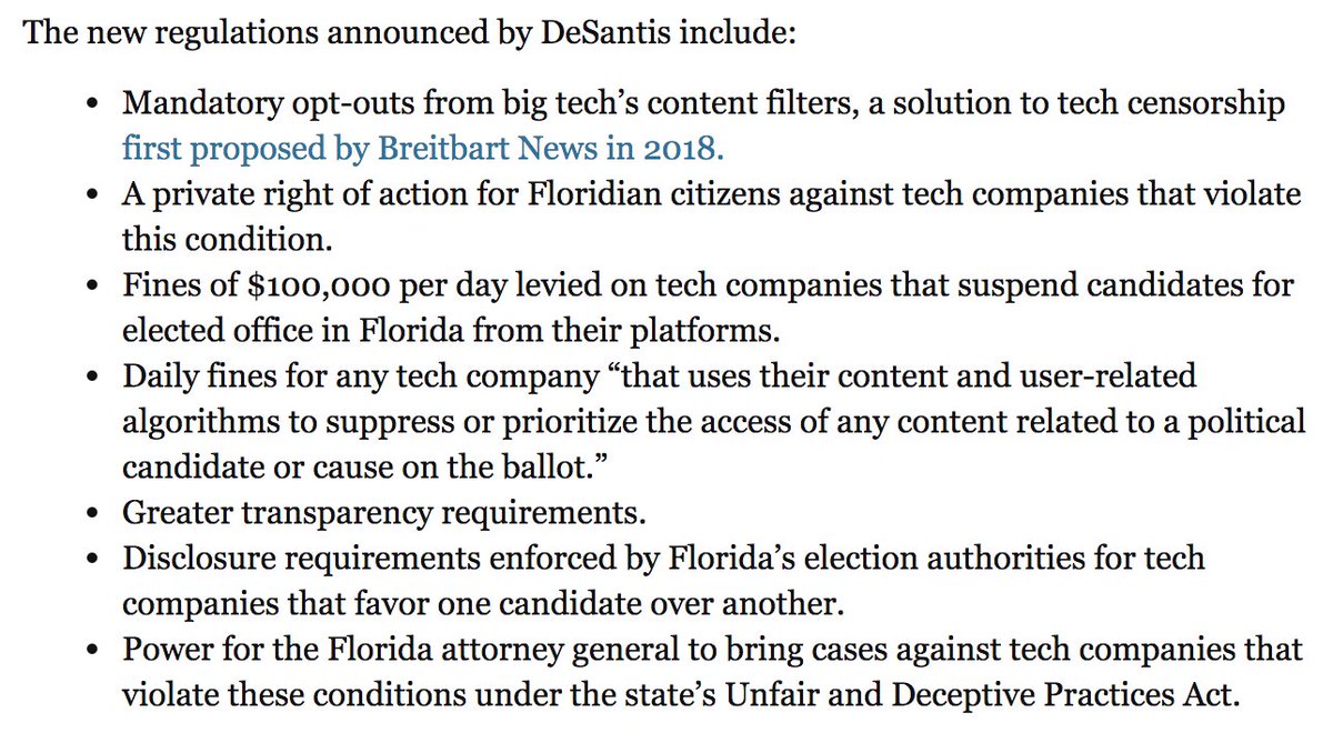 List Of The New Regulations  @GovRonDeSantis Is Proposing To Deal With Big Tech 9/ https://www.breitbart.com/tech/2021/02/02/florida-gov-ron-desantis-launches-ambitious-crackdown-on-big-tech/