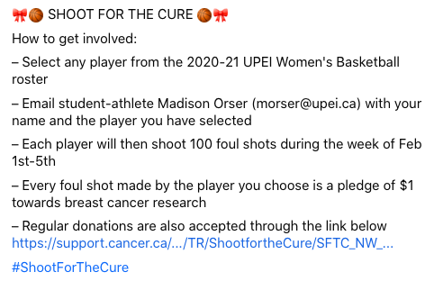 🎀🏀 SHOOT FOR THE CURE 🏀🎀 

Our women's basketball team is conducting a free throw competition to raise money towards breast cancer research! 

To get involved, check out the images below.

Regular donations are also accepted through the link below
support.cancer.ca/site/TR/Shootf…