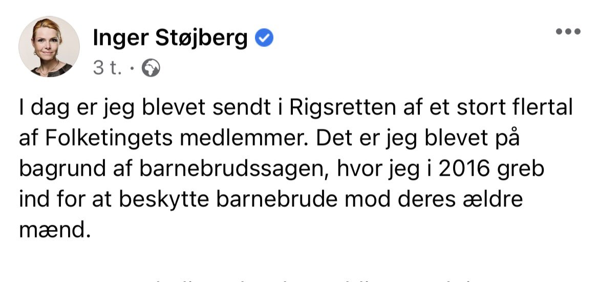 Jeg har 3 dage tilbage på <a href="/DRDetektor/">DR Detektor</a> og har her til aften lavet her mit til dato hurtigste faktatjek:
Det er *ikke* pga. barnebrude, at Støjberg nu skal i rigsretten; det er fordi hun angiveligt har givet en ulovlig instruks. 
Det skal Rigsretten nu tage stilling til.
#dkpol