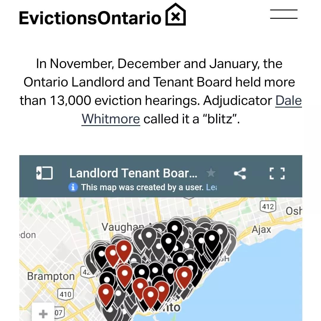 KeepYourRent's tweet photo. Welcome to Evictions Ontario: https://t.co/X3NoAmAL3O 

➡️ 13,000 eviction hearings pushed through the LTB since Nov. 2020

➡️ Over 90% of LTB applications brought by landlords, vast majority for unpaid rent

➡️ 70% of LTB adjudicators were appointed by Ford https://t.co/wZ0AsokvNd