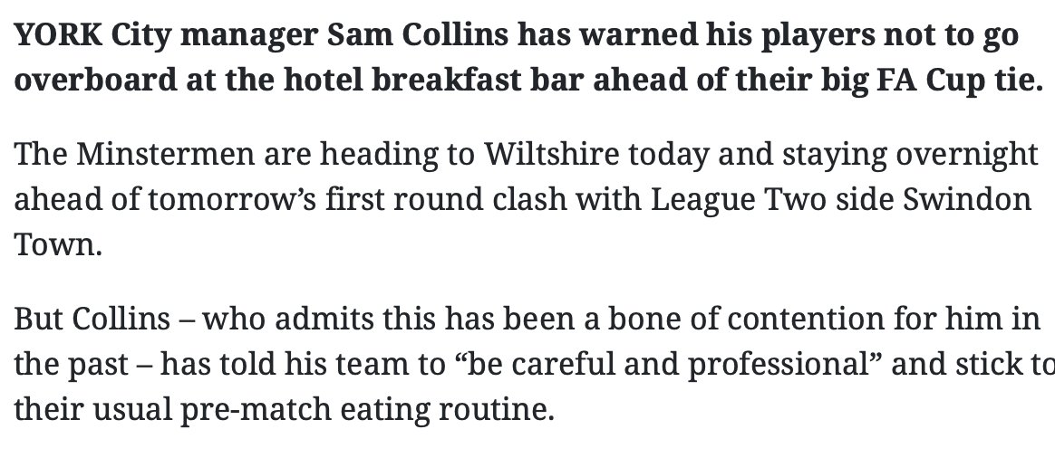A highlight of Collins' reign includes a run to the FA Cup first round, rewarded with a tie away at Swindon Town. Collins takes to the local media to beg his players not to overeat in the hotel before the game.
