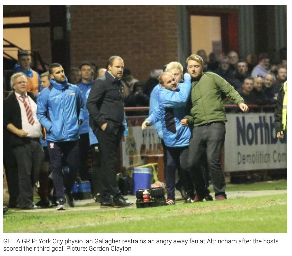 Collins' reign turns sour, with a dire performance coupled with a 3-0 defeat away at Altrincham after exiting the FA Cup. One York supporter marches towards the away dugout after one of the goal, having to be restrained by the physio.