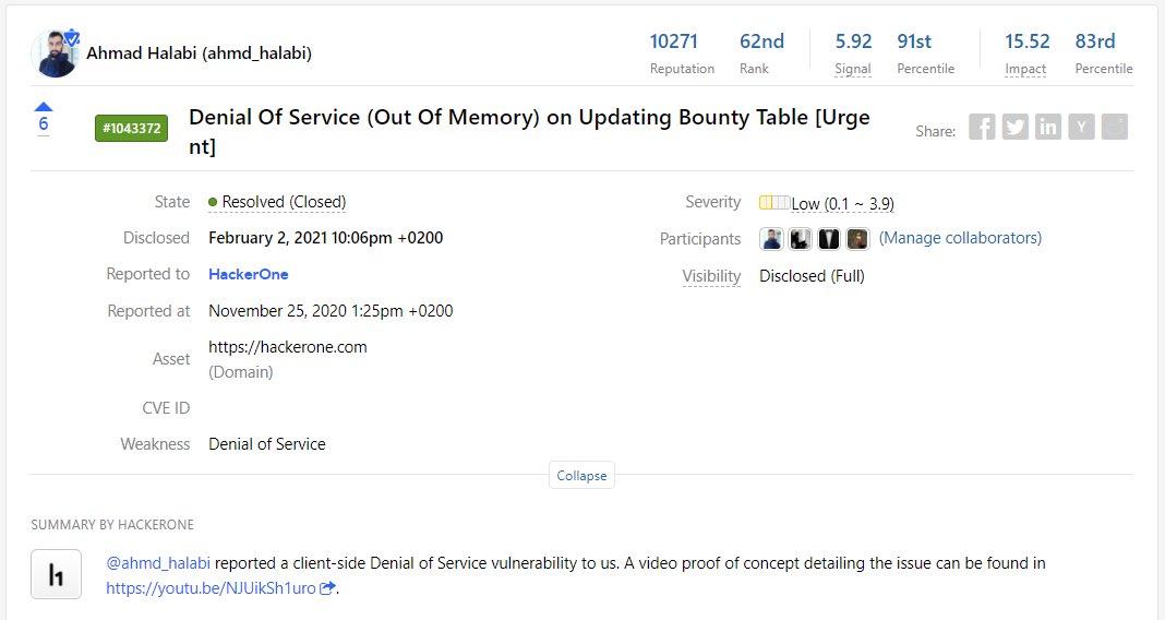 Ahmad_Halabi_'s tweet image. Proud to announce that I hacked hackerone and was able to crash any hacker’s browser/laptop through a special case Denial Of Service Vulnerability. Even though @Hacker0x01 doesn’t accept DoS bugs, but they accepted this particular one as a special case due to its impact on users.