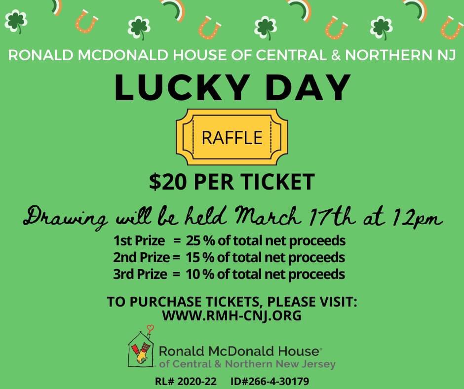 RMHCNJ's tweet photo. You have to be in it, to win it! 
Take a chance on our "Lucky Day" Raffle!  Proceeds benefit the Ronald McDonald House of Central and Northern New Jersey. 
Contact Laura at Lcucci@rmh-cnj.org or 732-222-8755 to purchase your tickets!
*Drawing will take place on March 17th at 12pm https://t.co/PVj1xtafbg