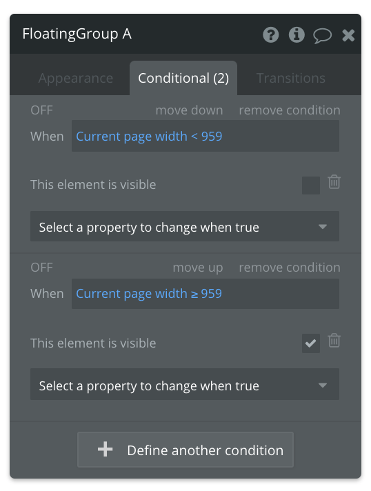 NoCodeJoe's tweet photo. Loving the @buildcamp Mastering design in @bubble guide! I got a bit stuck as a beginner in the dashboard layout section when setting a conditional to hide the floating menu. Here's what I ended up with. @gregoryjohn   look right? https://t.co/rBmtXxz6cq