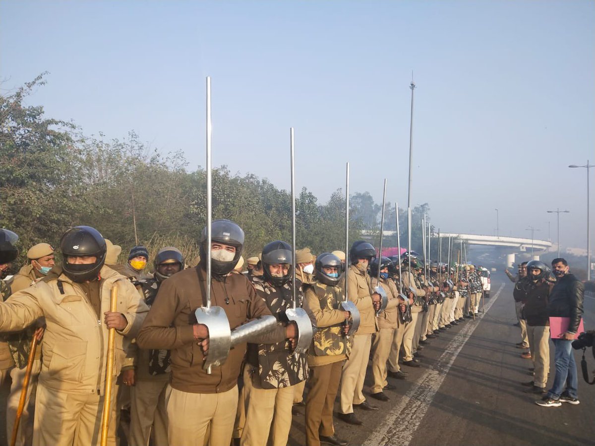 the Indian police has been arming themselves with sword-like batons, putting nails on the streets and using heavy barricading, fencing and even fortification with a concrete wall, on top of their already brutal violence towards the farmers.