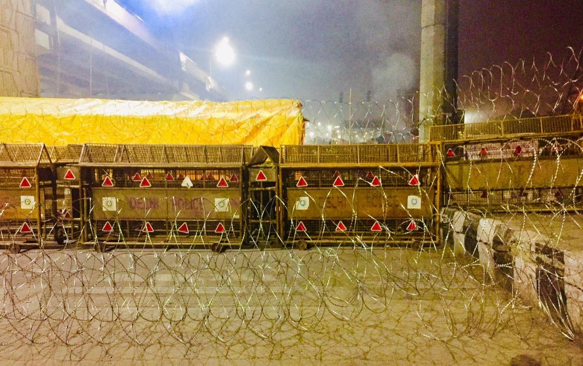 the Indian police has been arming themselves with sword-like batons, putting nails on the streets and using heavy barricading, fencing and even fortification with a concrete wall, on top of their already brutal violence towards the farmers.