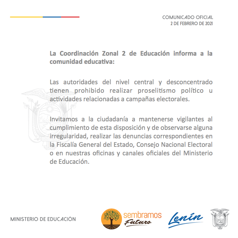 COMUNICADO OFICIAL I <a href="/EducacionZ2_Ec/">Educación Zona 2</a>,  informa a la comunidad educativa: