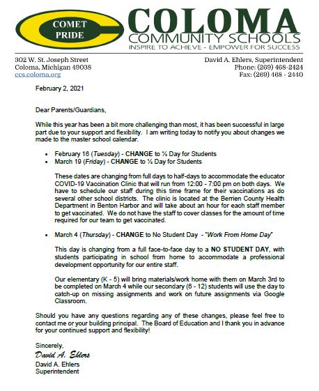 CCS has had to make a few changes to our school calendar for February and March.  See below: