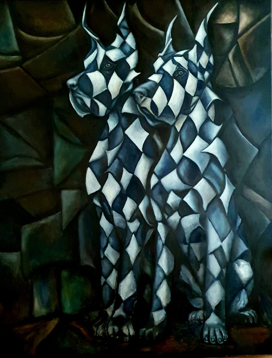 The #harlequins, oil on canvas 90x70cm, #impressive Great #Danes, in progress 
PRINTS WILL BE AVAILABLE - DM
#greatdane #greatdane #artwork #art #artistsontwitter #artbreeder #danishart #artfollowers #artcollectors #artcontemporain #cubism #modernart #DECADENCE #dogs #molosser