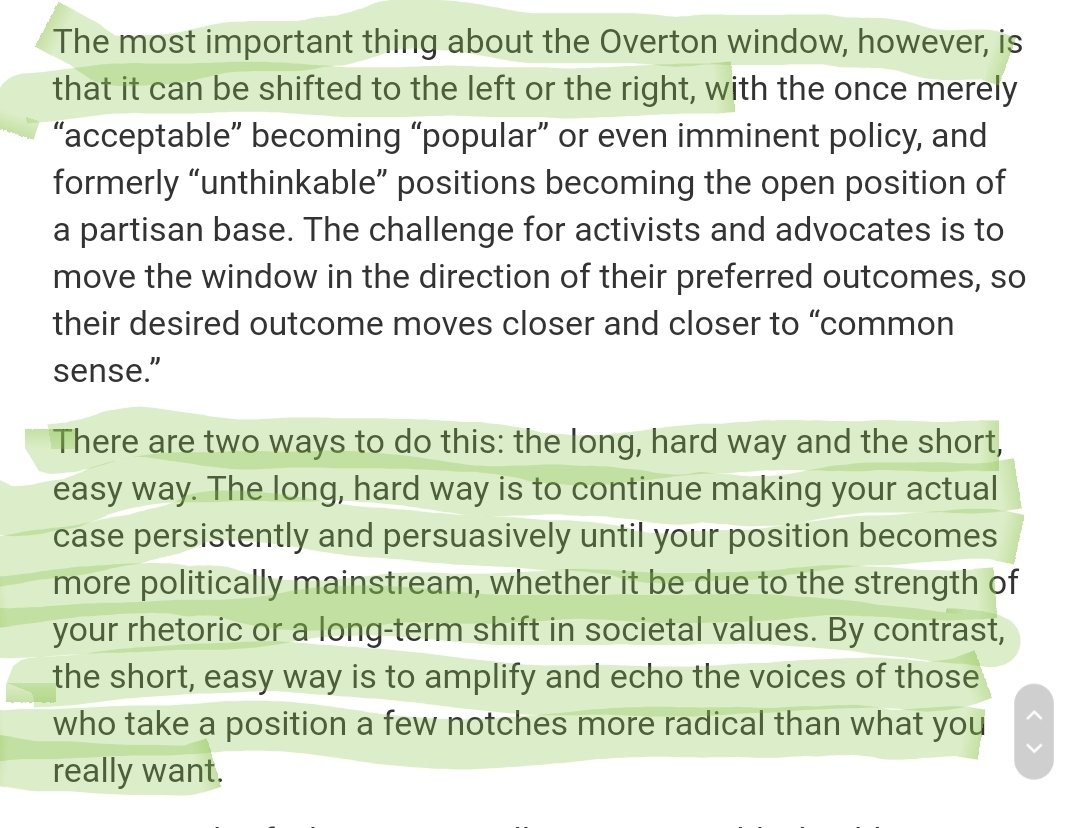 Using your radical fringe to move the overton window is an intentional strategy that comes out of left wing activist literature.It's easy: amplify and echo the voices of those who take a position more radical than what you want so you look moderate by comparison: