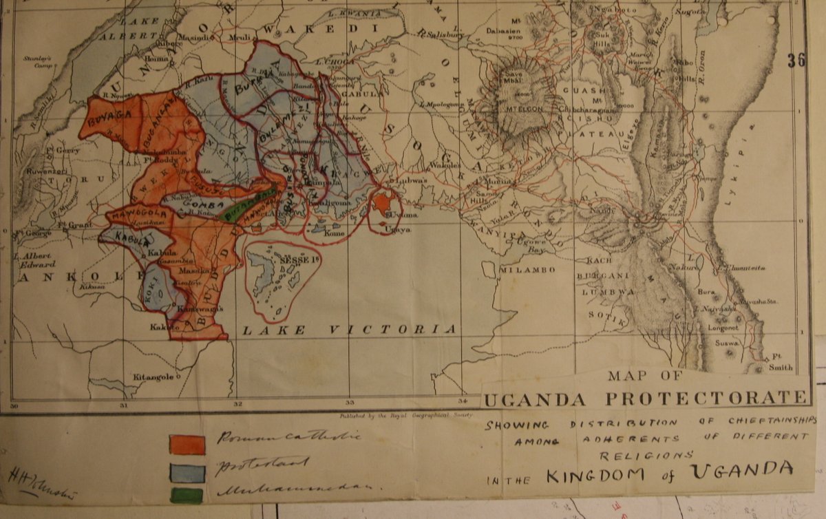 Buganda's counties, as is well known, were restructured around religious loyalties following the religious wars. The following map is maintained in  @UkNatArchives. It was created shortly after the religious wars & is, I believe, the oldest map of Buganda's religious counties. 4/7