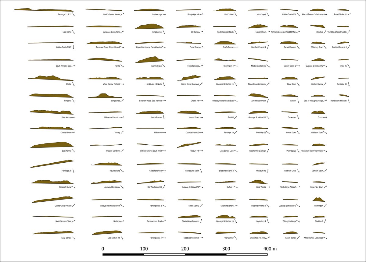 Here are the profiles of 118 #Neolithic long barrows from southern England auto-generated from @EnvAgencyGeomat #LiDAR.  Needs some work to perfect.  Interesting to compare mound sizes and slope.  Late entry for #TombTuesday. #DigitalArchaeology