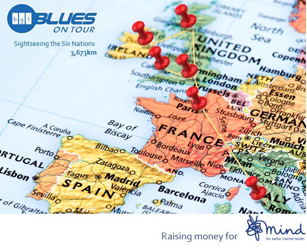 I’m part of an 18 strong <a href="/bglbluesrugby/">Bglibluesrugby</a> squad covering the 3673km distance Rome-Paris-Edinburgh-Dublin-Cardiff-Twickenham by 🏃‍♀️🚶‍♂️🚴‍♂️🚣 during the 6 Nations 6th Feb-20th March. We’re raising money for <a href="/MindCharity/">Mind</a>