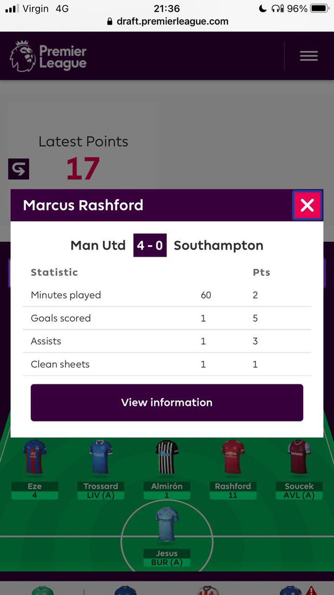 JamesLannonEsq's tweet photo. @OfficialFPL hi fpl. There appears to be a mistake with the Rashford points tally. I believe he left the field at 59:52 however, he appears to have been given the additional point for minutes played and a clean sheet. Is this not a mistake? #pleasecheck #draft #smallmargins https://t.co/Tb8gvjVa8S