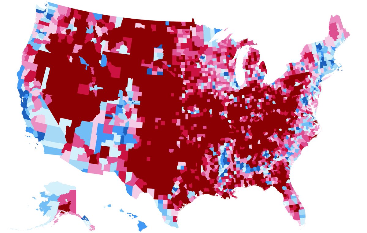 Quick experiment with the #uselection2020 data and a standard choropleth of margin of victory using the same classification and symbolisation. 

2016 on left, 2020 on right. Red went redder. Blue went bluer.