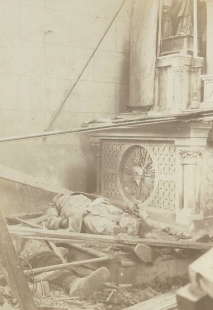 The remains of German soldiers lie on a battlefield; the bodies of French soldiers fill a destroyed church.