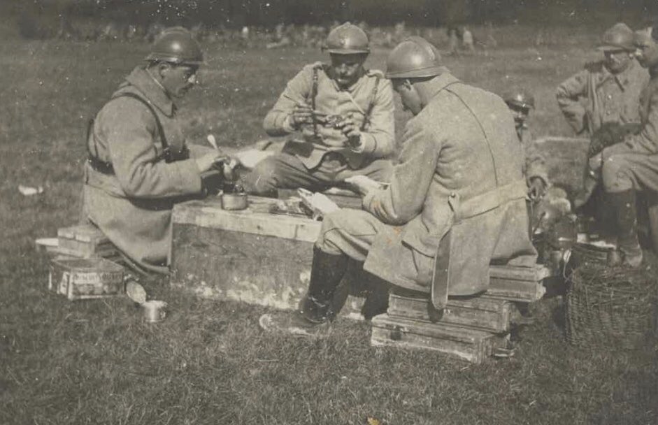 Soldiers break for a meal on the Western Front.