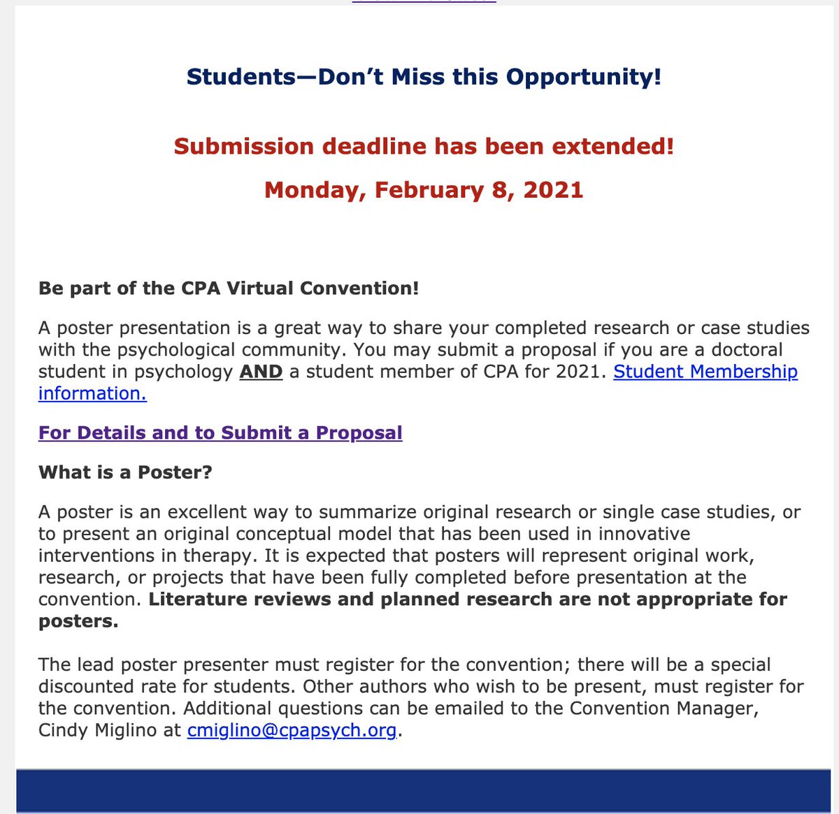 Good news, students! You've still got more time to submit a poster for CPA's 2021 convention.