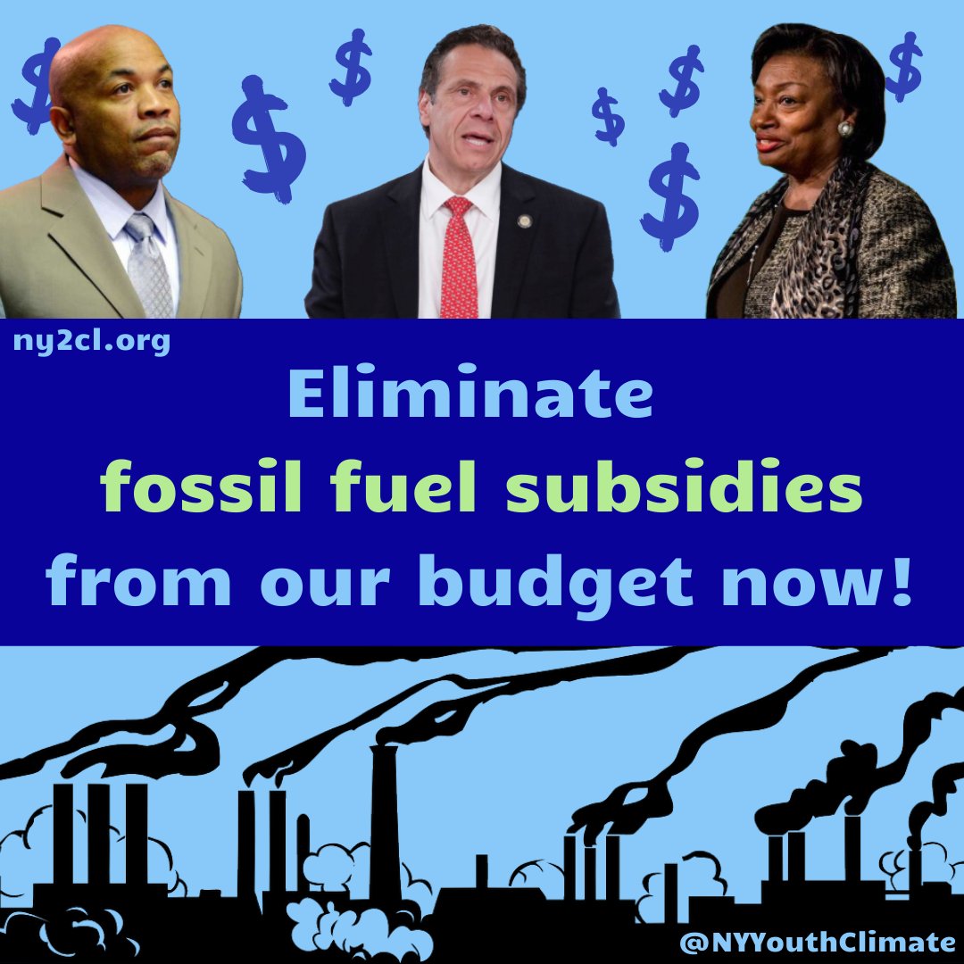 We’re calling on <a href="/NYGovCuomo/">Archive: Governor Andrew Cuomo</a> <a href="/AndreaSCousins/">Sen. Stewart-Cousins</a> @CarlHeastie &amp; the legislature to eliminate nonessential fossil fuel subsidies to address our $15b budget deficit which threatens the funding of essential services. We must end breaks for the planet destroying fossil fuel industry now!