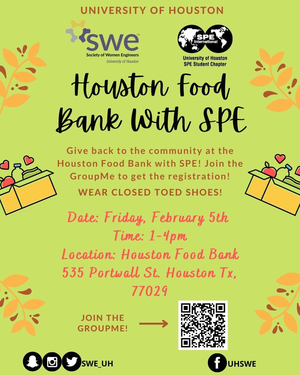 SWE_UH's tweet image. Remember to sign up to volunteer for the @HoustonFoodBank this coming Friday! Join our volunteering groupme, in partnership with @UH_SPE !

#gocoogs #uhengineering #cullenengineering #uh2024 #uh2023 #uh2022 #uh2021 #SWEUH #swe #volunteering #forthecommunity