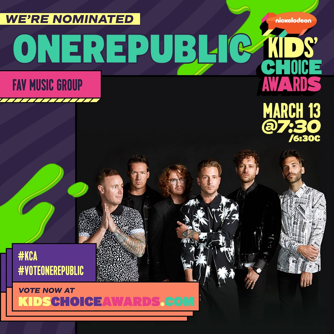 OneRepublic's tweet image. Slime Time! We’ve been nominated for a @Nickelodeon Kids’ Choice Award! 💚 Vote for us using the hashtags in the image 👇 or at KidsChoiceAwards.com #KCA #VoteOneRepublic