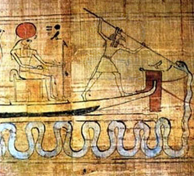 The ancient Egyptians believed that the sun god Ra went down and sailed through the Underworld every night, and every night, a gigantic aquatic snake, the lord of chaos Apep, would try to devour him. Apep was usually defeated (but never truly slain) by Ra's guardian, the god Set.