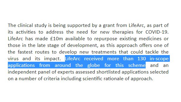  #EVG Life Arc received over 130 applications for grant funding for their COVID Initiative to find breakthrough therapiesSFX-01 was classed as one of the most promising therapies and was selected with only 12 other therapies