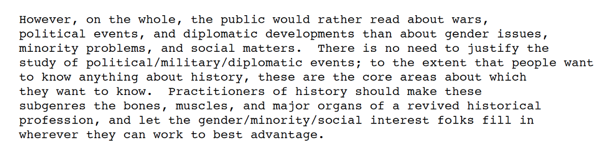 At a time when US dip hist was on the defensive for not being cool, some wanted to double down on traditional approaches. Hartgrove said all we really need to study is war and high politics; the gender+class people can grub for leftovers. Oh, and race? No one cares.