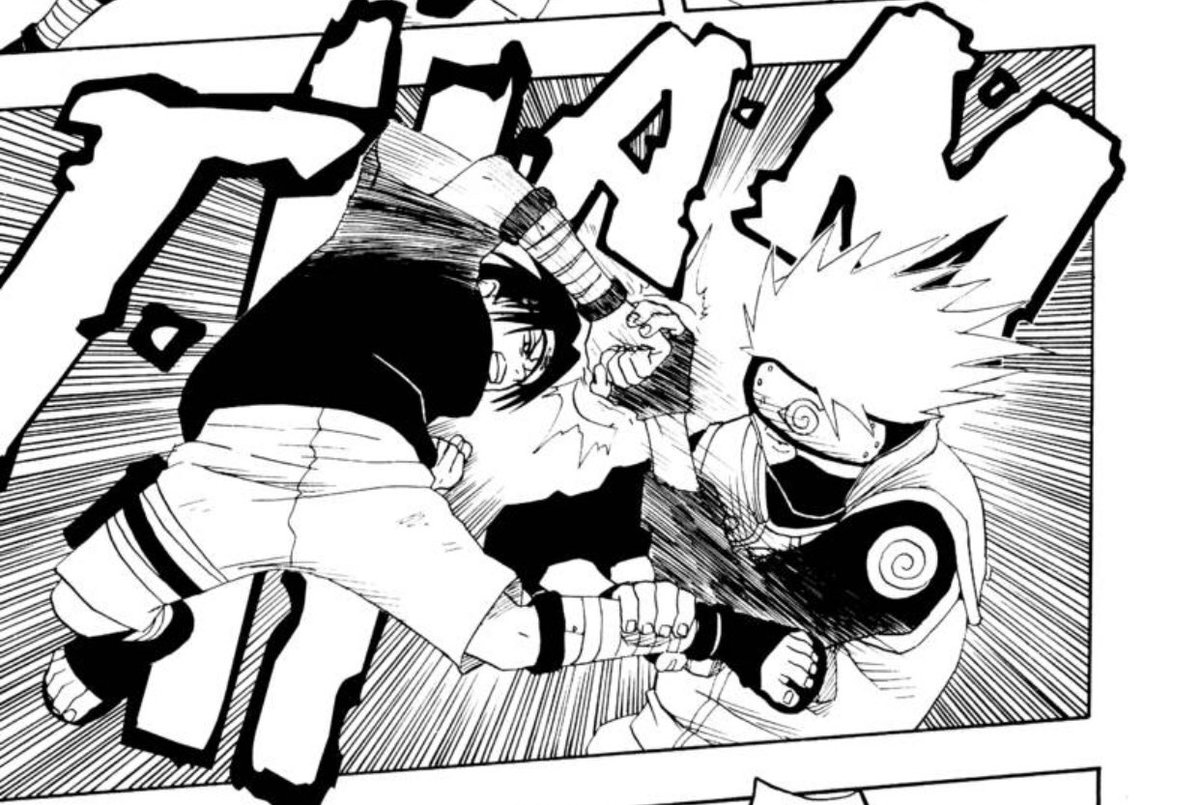 Chapter 7 - Kakashi versus Sasuke is one of those scenes where you can immediately tell that there was a lot of painstaking effort put into fight choreography (I would hazard that Kishimoto and his assistants acted out this fight themselves or used figures of some kind)  #Grantuto