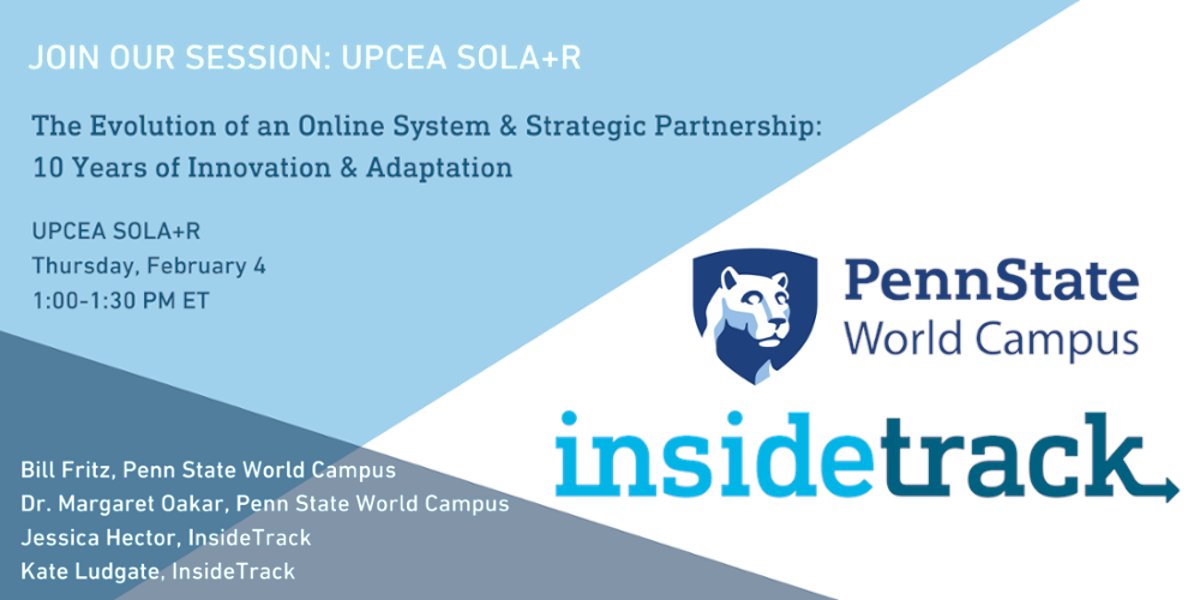 InsideTrack's tweet photo. Catch our session on Thursday, February 4th with @PSUWorldCampus to learn more about how our long-term partnership unlocks potential for #students and the #university https://t.co/15ZWi78gO7